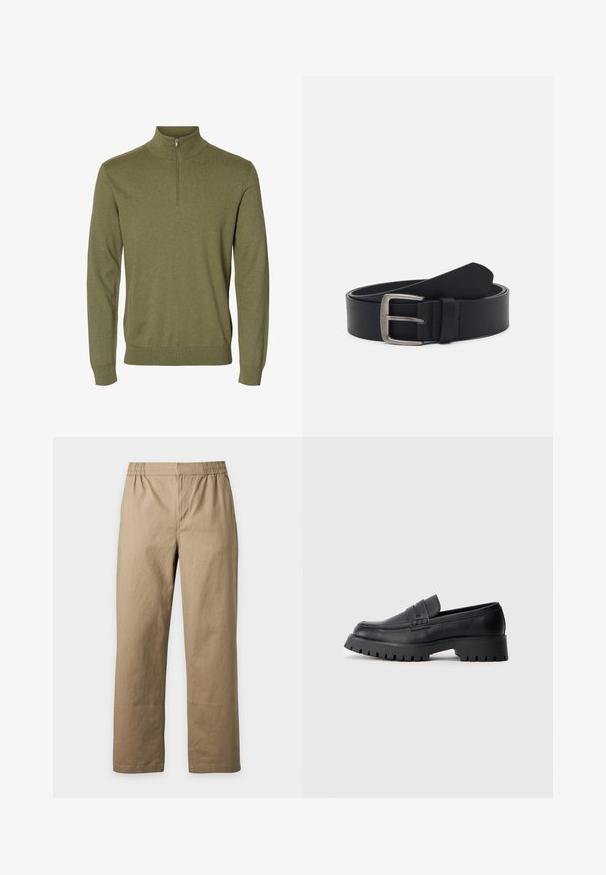 Jersey verde de manga larga con cuello alto y cremallera corta en la parte delantera, hecho de tejido de punto suave.; Pantalones beige con cintura elástica y pernera recta, hechos de tela lisa, mostrados sobre un fondo gris claro.; Mocasines de cuero negro con punta redondeada, que presentan una correa decorativa y una suela de goma gruesa con surcos profundos para mayor tracción.; Cinturón de cuero negro con hebilla de metal plateado, que presenta un acabado liso y un diseño clásico. El cinturón está enrollado con el extremo apuntando.