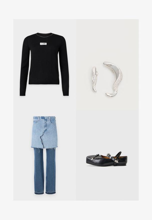 Pull noir à manches longues avec des coutures blanches le long des bords et une petite étiquette blanche rectangulaire avec des chiffres sur la poitrine.; Vêtements en denim combinant une mini-jupe bleu clair en haut et un jean évasé bleu foncé en bas ; présente un ourlet effiloché et une texture denim classique.; Chaussure plate en cuir noir avec bout carré, deux brides à boucle argentée, et un petit talon sur un fond gris clair.; Deux boucles d'oreilles argentées courbées, l'une plus grande que l'autre, toutes deux ornées de petits cristaux scintillants le long d'un bord.