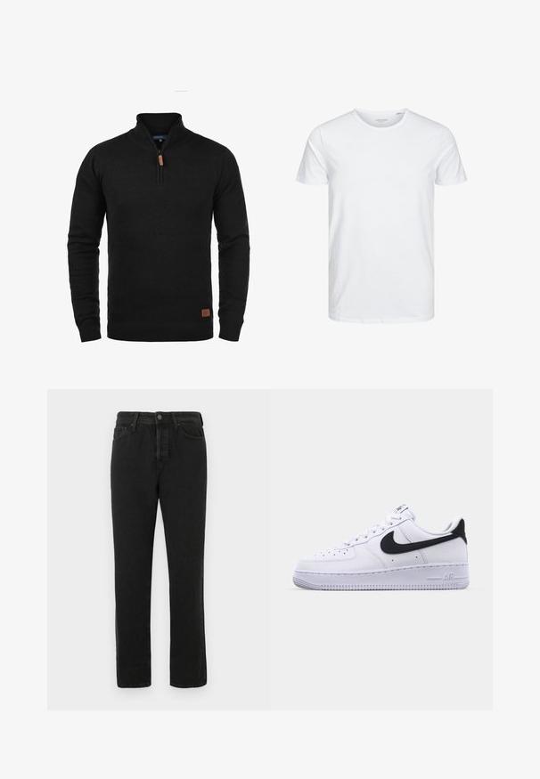 Pull en tricot noir avec un col zippé mi-hauteur, des poignets côtelés et un ourlet côtelé. Présente une étiquette d'accent en cuir marron sur le bas à gauche.; T-shirt à col rond à manches courtes de couleur blanche unie, fabriqué en coton doux, avec un design simple sans motifs ni accents visibles.; Jeans en denim noirs à jambes droites avec fermeture à bouton et zip à l'avant, passants de ceinture et design à cinq poches, présentés sur fond blanc.; Sneaker en cuir blanc avec un Swoosh noir texturé, des lacets plats et une semelle en caoutchouc avec un motif strié. "AIR" est embossé sur le talon.