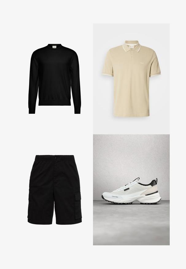 Suéter negro de manga larga y cuello redondo con puños y dobladillo acanalados, que presenta una pequeña etiqueta blanca de la marca en el interior del cuello.; Polo beige de manga corta con ribete blanco en el cuello y las mangas, tapeta de dos botones y pequeño logo "GANT" en el pecho.; Pantalones cortos cargo negros con cintura elástica, cierre de botón y bolsillos delanteros con solapa en ambos lados.; Zapatilla Calvin Klein blanca y negra con laterales de malla y suela gruesa flotando sobre un suelo gris cerca de una pared de bloques de vidrio.
