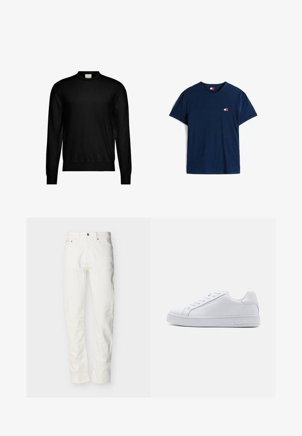 Suéter negro de manga larga y cuello redondo con puños y dobladillo acanalados, que presenta una pequeña etiqueta blanca de la marca en el interior del cuello.; Camiseta azul marino de manga corta con cuello redondo y pequeño logo rojo, blanco y azul en el pecho izquierdo y en el interior del cuello.; Vaqueros blancos de mezclilla para hombre, de pierna recta, con botón y cremallera frontales, trabillas para cinturón y diseño de cinco bolsillos.; Zapatilla de cuero blanca con una textura suave, puntera redonda, cierre de cordones en la parte delantera y suela de goma plana. Presenta un logo en relieve en el talón.