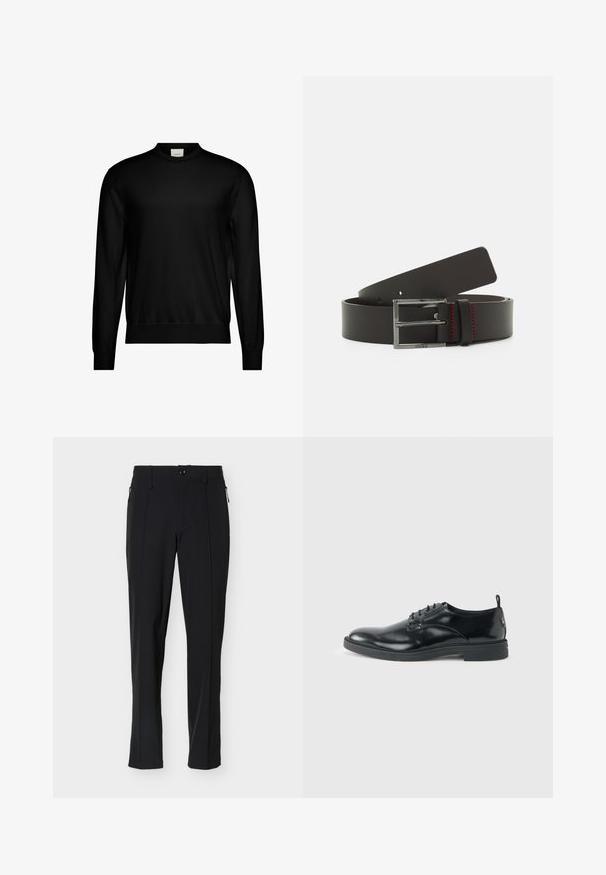 Suéter negro de manga larga y cuello redondo con puños y dobladillo acanalados, que presenta una pequeña etiqueta blanca de la marca en el interior del cuello.; Pantalones negros a medida de corte slim con botón frontal y bolsillos laterales con cremallera, mostrados sobre un fondo blanco.; Zapato de vestir negro de cuero brillante con tacón bajo, cierre de cordones y puntera redonda, mostrado de lado sobre un fondo claro y liso.; Cinturón de cuero negro con una hebilla rectangular de plata, con costuras rojas y una textura suave. Longitud ajustable con múltiples agujeros.
