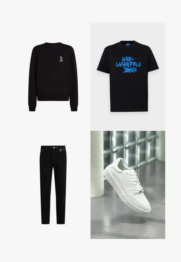 Sort sweatshirt med rund hals, lange ærmer, ribbede manchetter og kant; har et lille broderet karakter på venstre bryst.; Sort bomulds t-shirt med korte ærmer, der har blå spraymalt "KARL LAGERFELD JEANS" tekst på fronten i en fed, graffiti-stil.; Sorte denimbukser med et lige snit, der har knap- og lynlåslukning foran, to sidelommer og en diskret mærkelogo på linningen.; Hvid sneakers i læder med rundet snude, snørelukning foran og flad gummisål. Har perforerede detaljer og subtilt logoaccent.