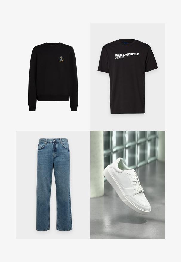 Zwarte sweatshirt met ronde hals, lange mouwen, ribgebreide manchetten en zoom; heeft een klein geborduurd figuur op de linkerkant van de borst.; Zwarte katoenen T-shirt met korte mouwen en ronde halslijn, met diagonaal over de voorkant in witte tekst "KARL LAGERFELD JEANS".; Blauwe denim jeans met een rechte snit, voorzien van vijf zakken, een knoop- en ritssluiting, en zichtbare stikseldetails.; Witte leren sneaker met een afgeronde neus, vetersluiting aan de voorkant en een platte rubberen zool. Voorzien van geperforeerde details en een subtiel logo-accent.