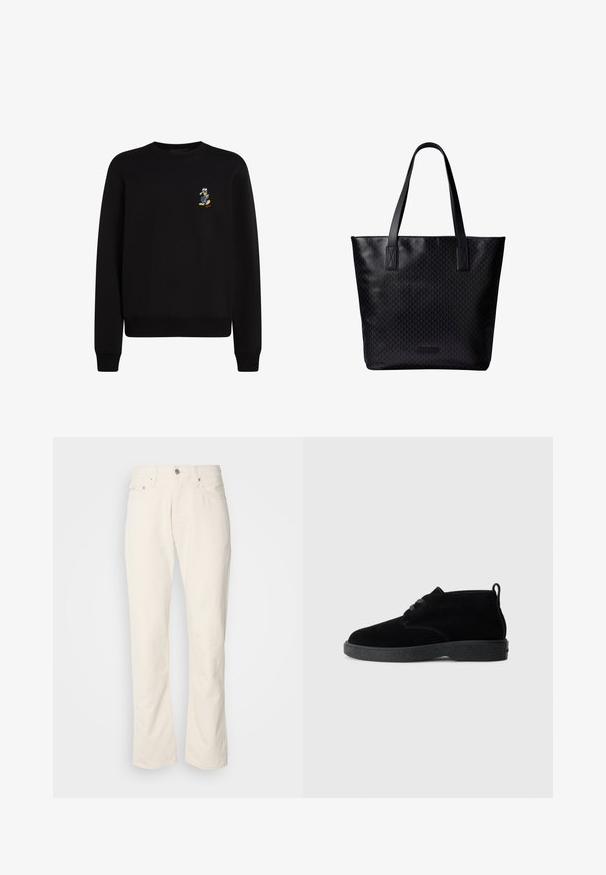 Zwarte sweatshirt met ronde hals, lange mouwen, ribgebreide manchetten en zoom; heeft een klein geborduurd figuur op de linkerkant van de borst.; Beige katoenen jeans met een klassiek recht model, met een knoopsluiting aan de voorkant, vijf zakken en subtiele stikdetails.; Zwarte suede enkellaarsjes met een ronde neus, vetersluiting, zwarte rubberen zool en een aantreklip aan de achterkant voor gemakkelijk aan- en uittrekken.; Zwarte draagtas met twee lange handvatten, subtiel geometrisch patroon, rechthoekige vorm en een klein merkembleem vlak bij de onderkant in het midden.