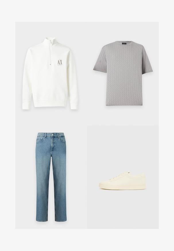 Sweat-shirt blanc à zip, fabriqué en tissu doux. Il présente un petit logo marron sur la poitrine gauche et un ourlet et des poignets côtelés.; T-shirt gris à manches courtes et col rond avec un motif subtil en diagonale répétant le logo "A|X".; Jean en denim bleu clair à coupe droite, avec cinq poches et une fermeture par bouton à la taille. Détails de couture le long des coutures.; Baskets couleur crème avec une tige en cuir lisse, bout arrondi, laçage à l'avant et semelle en caoutchouc texturée. Design minimaliste, sans logo.