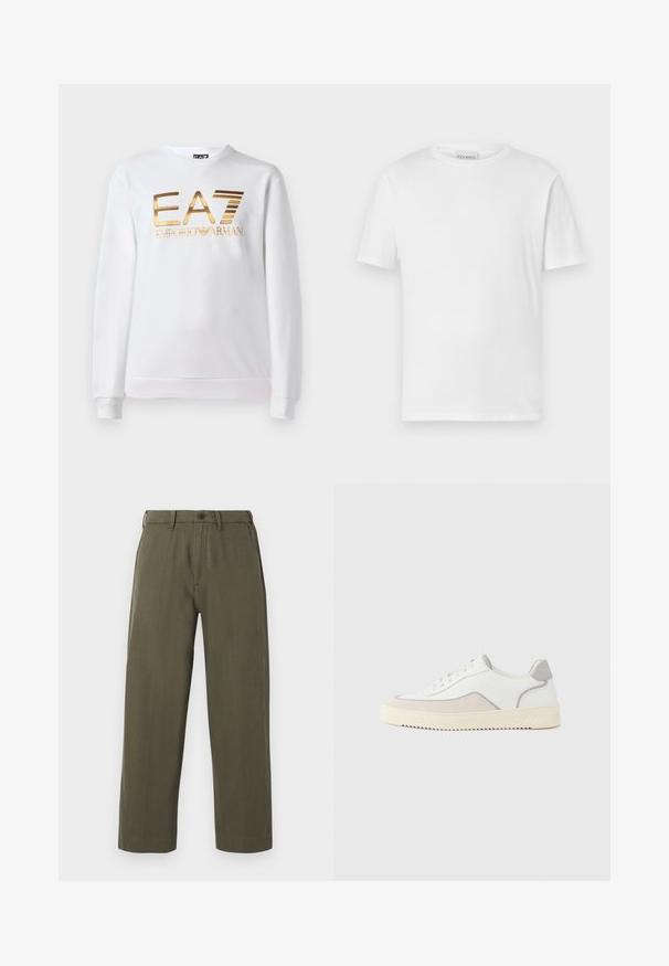 Sudadera blanca de algodón con mangas largas y cuello redondo. Presenta un logo metálico dorado "EA7 EMPORIO ARMANI" en la parte delantera.; Camiseta blanca de manga corta hecha de algodón. Presenta un escote redondo y un dobladillo recto. Sin patrones ni adornos. Diseño simple.; Pantalones rectos de color verde oliva con presillas para cinturón, cierre frontal con botón y bolsillos laterales, mostrados sobre un fondo blanco.; Zapatillas deportivas blancas con parte superior de cuero liso, detalles en gamuza gris, costuras tono sobre tono y suela de goma texturizada color crema. Diseño minimalista.