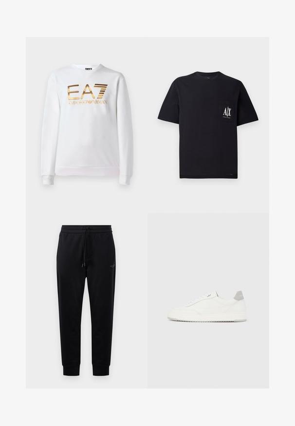 Valge puuvillane dressipluus, millel on pika varruka ja ümmargune kaelus. Ees on metallik kuldne logo "EA7 EMPORIO ARMANI."; Must mustaga T-särk, ümmarguse kaelusega ja lühikeste varrukatega. Omab rinnanuka taskut koos valge "A/X" logoga. Sile tekstuur, mugav lõige.; Mustad mustrid püksid, millel on reguleeritav vöökoht, küljetaskud ja soonikkoes mansetid. Valmistatud pehmest kangast, millel on reie peal peene logo detail.; Valge madala lõikega tennisking halli kandklambri, valgete paelte ja tekstuuriga tallaga, esitletud ühtlasel heledal taustal.