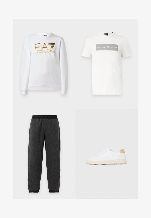 Hvid sweatshirt lavet af bomuld med lange ærmer og rund halsudskæring. Har et metallisk guld logo "EA7 EMPORIO ARMANI" på forsiden.; Hvid T-shirt med korte ærmer, sort stribet rektangulært design og teksten "Armani Exchange" på brystet, rund hals og sort mærke med mærke på kraven.; Grå joggerbukser med et tekstureret stof, der har et logo mønster over hele stoffet, elastisk talje og elastiske manchetter ved anklerne.; Hvide lavt-op sneakers med en tekstureret læderoverdel, cremefarvet ribbet sål og en tan hælaccent. Har hvide snørebånd og logo-detalje på hælen.