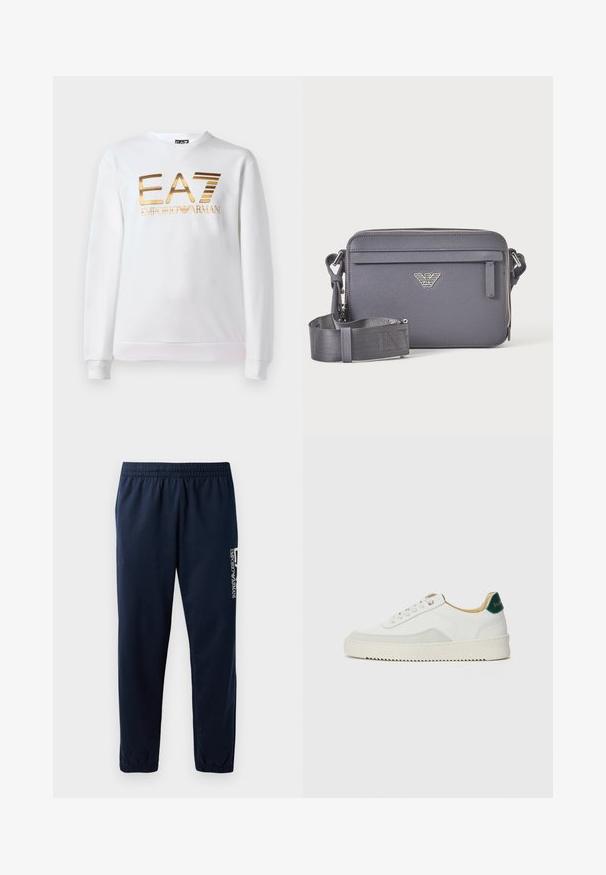 Witte sweatshirt van katoen met lange mouwen en een ronde halslijn. Heeft een metallic gouden logo "EA7 EMPORIO ARMANI" op de voorkant.; Marineblauwe trainingsbroek met een elastische tailleband, taps toelopende pijpen en een wit logo aan de zijkant. Gladde stof met een lichte textuur.; Witte sneaker met suède accenten, ronde neus, platte veters en een crème rubberen zool. Bevat groene branding op de hiel.; Donkergrijze rechthoekige crossbodytas met verstelbare riem, voorvak met rits en zilveren logokembleem.