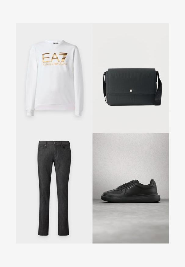Sudadera blanca de algodón con mangas largas y cuello redondo. Presenta un logo metálico dorado "EA7 EMPORIO ARMANI" en la parte delantera.; Vaqueros de mezclilla oscura con un diseño de pierna recta, que cuentan con bolsillos delanteros, cierre con botón metálico y detalles de costura sutiles.; Zapatilla deportiva de cuero negro con cordones, con la marca "Karl Lagerfeld" en la lengüeta y el lateral, presentada frente a una pared moderna de bloques de vidrio y un suelo de cemento.; Bolso bandolera negro texturizado con cierre de solapa, botón plateado y correa ajustable con sutil logotipo de la marca.
