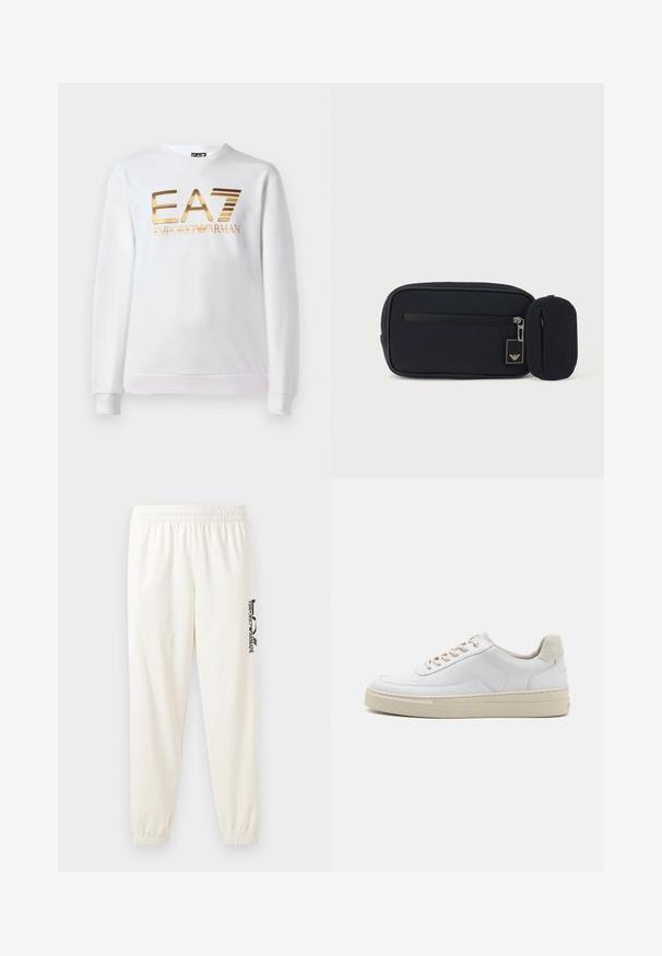 Witte sweatshirt van katoen met lange mouwen en een ronde halslijn. Heeft een metallic gouden logo "EA7 EMPORIO ARMANI" op de voorkant.; Lichtbeige sweatpants met een elastische tailleband en elastische boorden. Heeft een zwart gedrukt logo op het linkerbeen. Zachte stoftextuur.; Witte sneaker met een gevoerd leren bovenwerk, beige veters en een gestructureerde beige suede hieltab. Verhoogde zool voor extra hoogte.; Zwart rechthoekig tasje met ritssluiting aan de voorkant en een klein aangehecht afgerond tasje, tegen een effen lichte achtergrond.