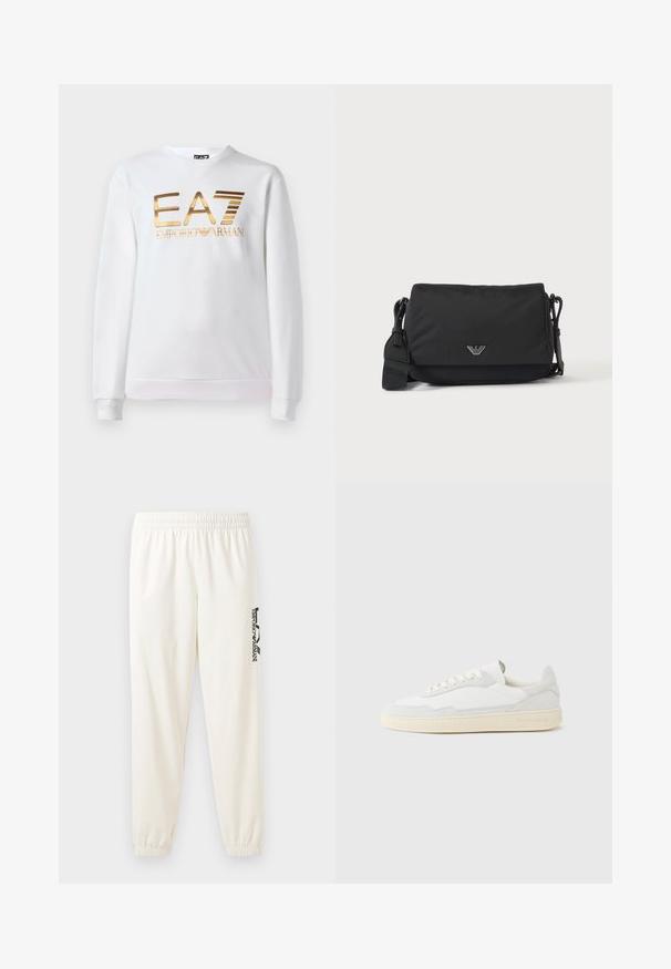 Biela mikina vyrobená z bavlny s dlhými rukávmi a okrúhlym výstrihom. Na prednej strane sa nachádza kovovo zlaté logo "EA7 EMPORIO ARMANI".; Svetlo béžové tepláky s elastickým pásom a elastickými manžetami. Na ľavej nohe sa nachádza čierny potlačený logo. Mäkká textúra látky.; Biela teniska s jemne štruktúrovaným zvrškom zo semišu a kože. Má zaoblenú špičku, viazanie na šnúrky a kontrastnú béžovú gumovú podrážku.; Čierna crossbody taška s nastaviteľným popruhom a malým strieborným logom na prednej klape, zobrazená na jednoduchom svetlom pozadí.