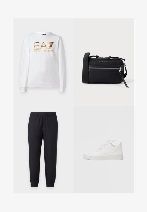 Hvid sweatshirt lavet af bomuld med lange ærmer og rund halsudskæring. Har et metallisk guld logo "EA7 EMPORIO ARMANI" på forsiden.; Sorte, tilspidsede joggingbukser med elastisk talje og buksekant, med et diskret tekstureret mønster og sidelommer.; Hvid lædersneaker med rundet tå, flad sål og snørebånd foran. Har syningsdetaljer og polstret krave for komfort.; Sort nylon crossbody-taske med sølvfarvet hardware, en lynlås i toppen, frontlomme og præget logo. Justerbar rem inkluderet.