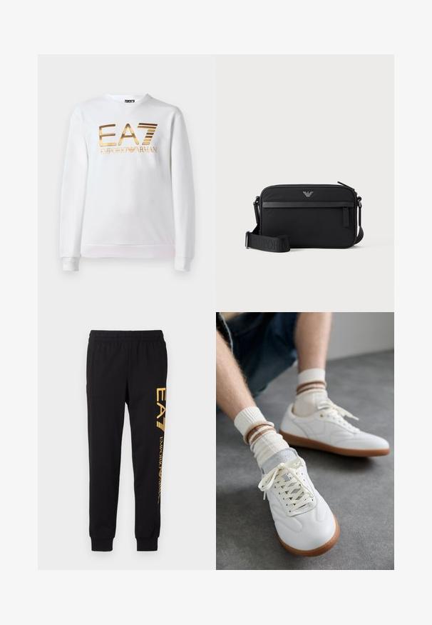 Weißer Pullover aus Baumwolle mit langen Ärmeln und rundem Ausschnitt. Mit einem metallischen goldenen Logo "EA7 EMPORIO ARMANI" auf der Vorderseite.; Schwarze Sweatpants aus weichem Stoff, mit einem elastischen Bund und Bündchen an den Knöcheln. Gelbe Markenbezeichnung vertikal auf dem linken Bein aufgedruckt.; Weiße Ledersneaker mit glatter Textur, grauen Wildlederelementen, beigen Gummisohlen und flachen Schnürsenkeln. Kombiniert mit cremefarbenen und braun gestreiften Socken.; Schwarze rechteckige Umhängetasche mit vorderer Reißverschlusstasche, verstellbarem Schultergurt und kleinem Metalllogo oben in der Mitte.