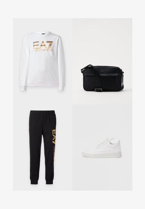 Valkoinen puuvillapaita, jossa on pitkät hihat ja pyöreä kaula-aukko. Edessä on metallinhohtoinen kultainen logo "EA7 EMPORIO ARMANI".; Mustat collegehousut pehmeästä kankaasta, joissa on joustava vyötärö ja kuminauhakutistukset nilkoissa. Keltainen brändäys tulostettu pystysuoraan vasempaan jalkaan.; Valkoinen nahkainen lenkkarit, joissa on pyöreä varvas, tasainen pohja ja nauhat edessä. Mallissa on ompelutaitoja ja pehmustettu kaulus mukavuutta varten.; Musta nailoninen olkalaukku, jossa on kontrastivärinen hihna, tyylikkään suorakulmainen muoto, logotieto ja vetoketjullinen tasku edessä.