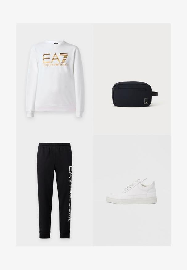 Weißer Pullover aus Baumwolle mit langen Ärmeln und rundem Ausschnitt. Mit einem metallischen goldenen Logo "EA7 EMPORIO ARMANI" auf der Vorderseite.; Schwarze Sweatpants aus Baumwollmischung mit elastischem Taillenbund, schmal zulaufenden Beinen, gerippten Bündchen und weißem Logo-Druck entlang der Seite.; Weißer Ledersneaker mit abgerundetem Zehenbereich, flacher Sohle und Schnürverschluss. Verfügt über Nahtdetails und einen gepolsterten Kragen für zusätzlichen Komfort.; Schwarze rechteckige Kulturtasche mit vorderer Reißverschlusstasche und kleinem Logopatch, mit seitlichem Tragegriff.