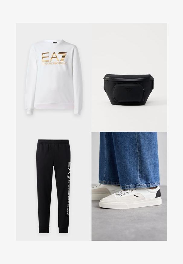 Witte sweatshirt van katoen met lange mouwen en een ronde halslijn. Heeft een metallic gouden logo "EA7 EMPORIO ARMANI" op de voorkant.; Zwarte sweatpants van een katoenmix, met een elastische tailleband, taps toelopende benen, ribgebreide boorden en een wit logo-opdruk langs de zijkant.; Witte en zwarte sneakers met een glad leren bovenwerk, textuuraccenten en een chunky witte zool. Heeft een klassiek vetersluiting ontwerp.; Zwarte nylon tas met een voorzak van rits, met een gladde textuur en een logo-accent. Gestructureerd ontwerp met een omslag bovenkant.