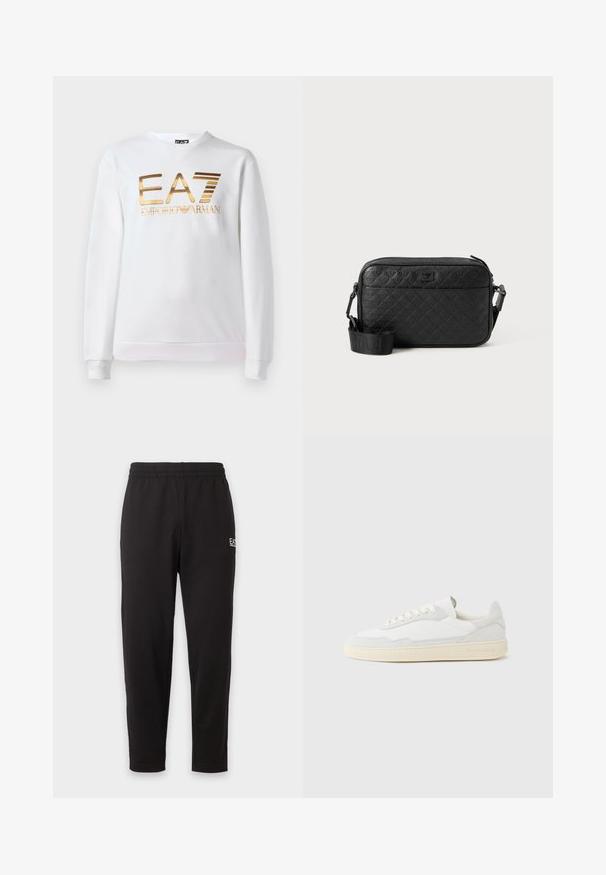 Valge puuvillane dressipluus, millel on pika varruka ja ümmargune kaelus. Ees on metallik kuldne logo "EA7 EMPORIO ARMANI."; Mustad elastse elastse vööga dressipüksid kitsenevate säärte ja väikese valge logoga vasaku reie ülaosas.; Valge tennisejalanõu, mille ülemine osa on valmistatud tekstuurse seemisnahast ja nahast. Omab ümarat ninaosa, paeltega sulgurit ja kontrastset beeži kummist tallaga.; Mustakirja tekstuuriga õlakott, millel on reljeefne geomeetriline muster ja reguleeritav rihm, millel on brändi logo.