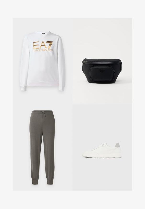 Biela mikina vyrobená z bavlny s dlhými rukávmi a okrúhlym výstrihom. Na prednej strane sa nachádza kovovo zlaté logo "EA7 EMPORIO ARMANI".; Šedé jogger nohavice s pásom na stiahnutie, zúženými koncami, mäkkou textúrou látky a hladkým, minimalistickým dizajnom.; Biela nízka teniska so sivým pätovým pásikom, bielymi šnúrkami a členitou podrážkou, zobrazená na jednoduchom svetlom pozadí.; Čierna nylonová taška s prednou zipsovou kapsou, s hladkým povrchom a akcentom loga. Štruktúrovaný dizajn s prehnutým vrchom.