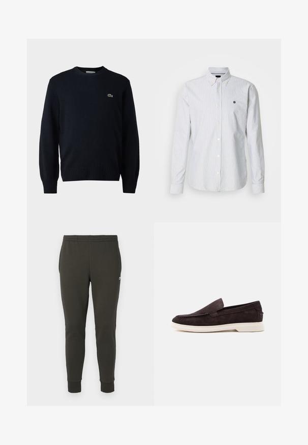 Marine crew-neck sweater lavet af blødt materiale, med ribbede manchetter og kant. Lille grønt Lacoste-logo på brystet.; Skjorte med knapper, tynde blå og hvide striber, lange ærmer og en lille logo på brystet, lavet af et letvægtsstof.; Mørkegrønne joggers lavet af blødt stof, med elastisk talje, ribbede manchetter og et lille logo på siden.; Mørkebrun ruskind slip-on loafer med hvid gummisål, syninger og lav hæl, vist fra siden på hvid baggrund.