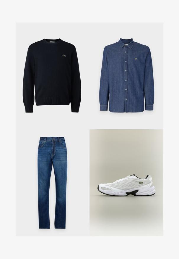 Námornícky sveter s okrúhlym výstrihom vyrobený z mäkkého materiálu, s rebrovanými manžetami a spodným lemom. Malé zelené logo Lacoste na hrudi.; Tmavomodrá denimová košeľa s dlhým rukávom, ktorá má golier s gombíkmi, predné gombíky a malú zelenú logo na hrudi.; Modré rovné džínsy s piatimi vreckami, pútkami na opasok a zapínaním na gombík, vystavené na svetlom bielom pozadí.; Biele atletické tenisky s textúrovaným sieťovinovým zvrškom, zakriveným dizajnom a kontrastnou čiernou podrážkou. S greennou vyšívanou nášivkou na boku.
