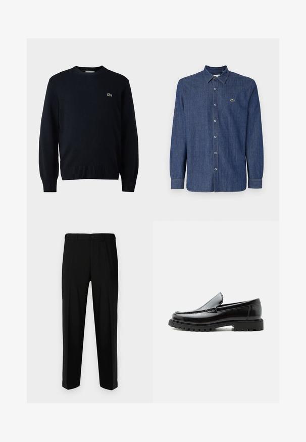Marineblauer Rundhalsausschnitt-Pullover aus weichem Material mit gerippten Bündchen und Saum. Kleines grünes Lacoste-Logo auf der Brust.; Dunkelblaues Denim-Hemd mit langen Ärmeln, das einen Button-Down-Kragen, Frontknöpfe und ein kleines grünes Logo auf der Brust aufweist.; Schwarze Hosen aus glattem Stoff, mit geradem Schnitt, zwei vorderen Taschen und einem Reißverschluss mit Knopfverschluss.; Schwarzer Lederloafer mit grober Gummisohle, genähter Oberseite und geprägtem Markennamen an der Ferse, seitlich auf weißem Hintergrund gezeigt.
