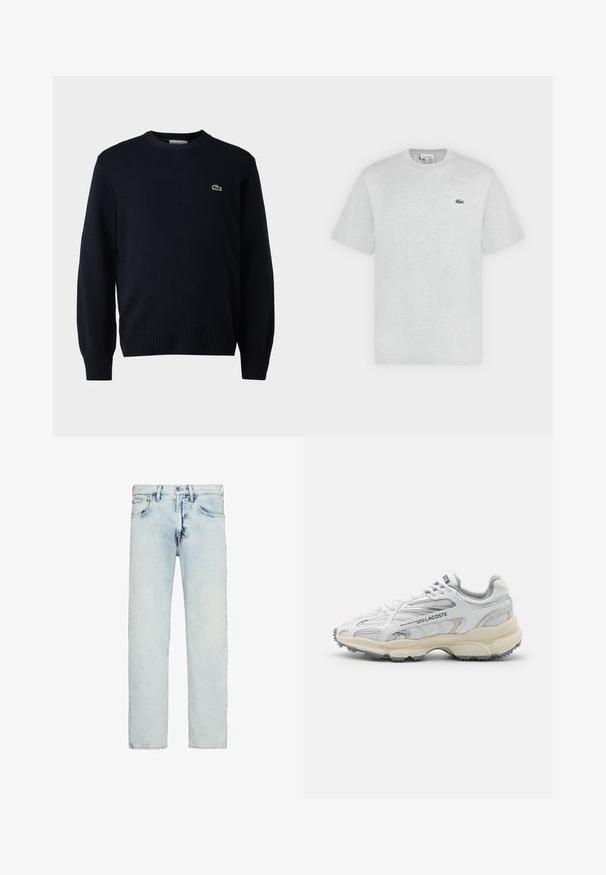 Marineblauer Rundhalsausschnitt-Pullover aus weichem Material mit gerippten Bündchen und Saum. Kleines grünes Lacoste-Logo auf der Brust.; Hellgraues T-Shirt mit kurzen Ärmeln und Rundhalsausschnitt mit kleinem grünem Lacoste-Krokodillogo auf der linken Brust.; Hellblaue High-Rise-Jeans mit geradem Bein, subtilen Verwaschungen und einem vorderen Knopf- und Reißverschluss.; Weiße Sportschuhe mit grauen Akzenten, Obermaterial aus Mesh und Synthetik, Schnürdesign und rutschfester Gummisohle mit Strukturmustern.