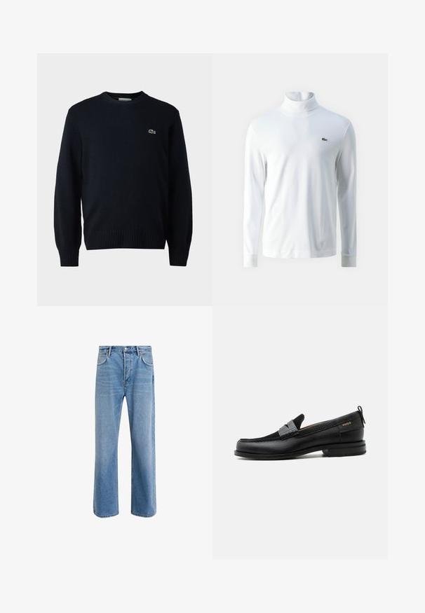 Marineblauer Rundhalsausschnitt-Pullover aus weichem Material mit gerippten Bündchen und Saum. Kleines grünes Lacoste-Logo auf der Brust.; Weißes Langarm-Turtleneck-Shirt aus weichem Stoff, mit einem kleinen grünen gestickten Logo auf der Brust und schmalen Bündchen.; Helle blaue Jeans im Geradeschnitt-Design, mit fünf Taschen, Knopfverschluss, minimaler Ausbleichung und kontrastierenden Nähdetails.; Schwarzer Lederloafer mit grauem Riemendetail, niedrigem Absatz und strukturierter Sohle, seitlich mit „HUGO“ in Gold gebrandmarkt.