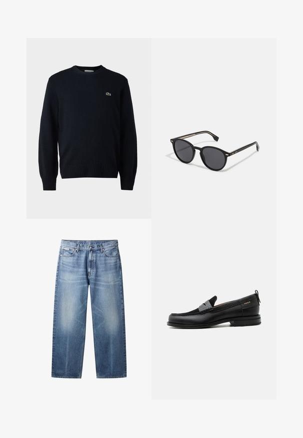 Marineblauer Rundhalsausschnitt-Pullover aus weichem Material mit gerippten Bündchen und Saum. Kleines grünes Lacoste-Logo auf der Brust.; Hellblaue Jeans mit geradem Bein, ausgewaschenen Bereichen, fünf Taschen, Knopfverschluss und Calvin Klein-Label an der rechten Vordertasche.; Schwarzer Lederloafer mit grauem Riemendetail, niedrigem Absatz und strukturierter Sohle, seitlich mit „HUGO“ in Gold gebrandmarkt.; BOSS Sonnenbrille - black