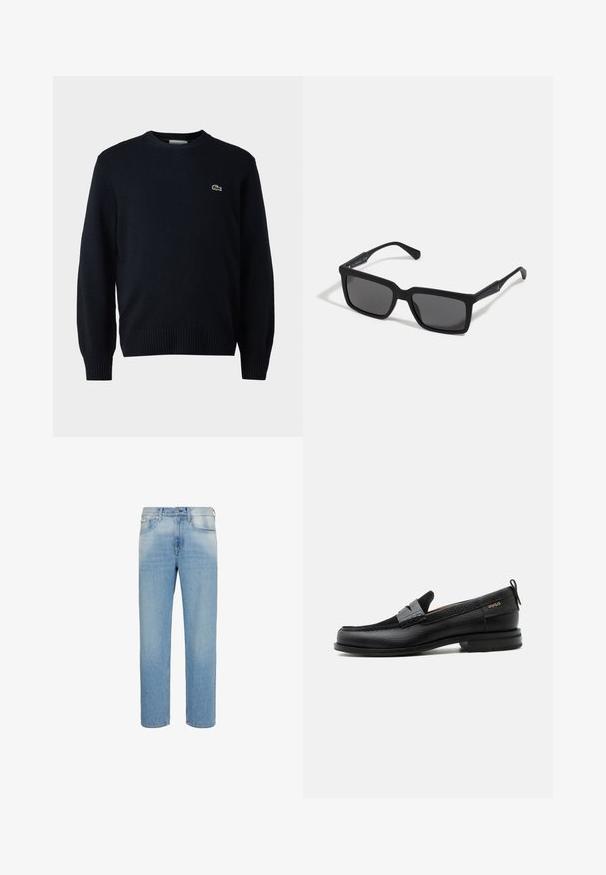 Tumed crew-neck kampsun, mis on valmistatud pehmest materjalist, ribaga varrukate ja alläärge. Rindkere peal väike roheline Lacoste logo.; Hele sinised sirge säärega teksapüksid esitaskute, vööaasa ja nööpidega sulgemisega, valge tausta ees eksponeeritud.; Must nahast loafer halli rihma detailiga, madala kand ja tekstuurse tallaga, külgedel kuldse "HUGO" brändiga.; Mustad musta raamiga päikeseprillid, millel on ristkülikukujulised objektiivid, matt viimistlus, paksud raami ja peened käepidemed, millel on peen brändimise detail.