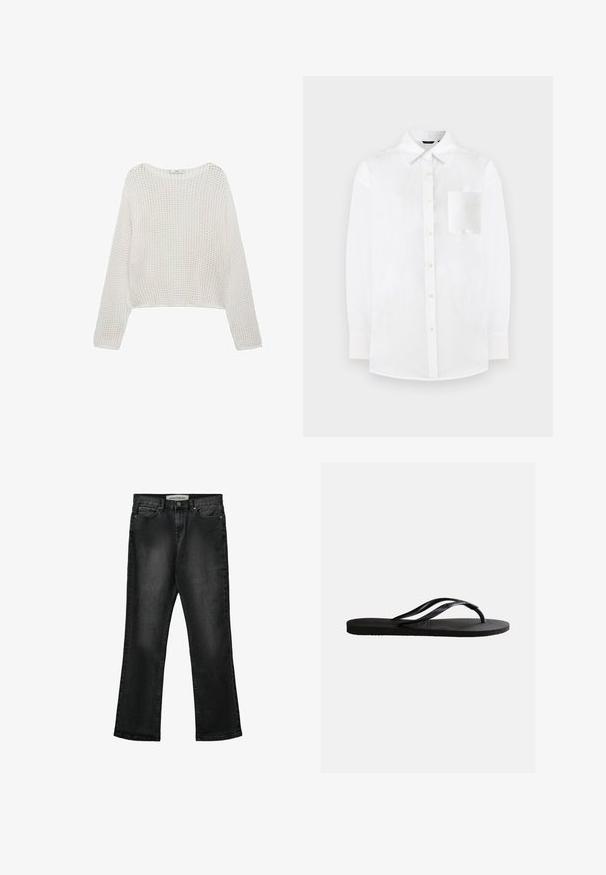Suéter de punto blanco de manga larga con un patrón texturizado y un corte cropped. Escote sencillo y detalle de ribete en el dobladillo.; Camisa blanca de botones, hecha de tejido ligero. Presenta un collar clásico, mangas largas y un único bolsillo en el pecho con una textura suave.; Vaqueros de mezclilla negra con corte recto. Las características incluyen cinco bolsillos, cierre de cremallera y una textura ligeramente descolorida.; Chancla negra de goma con plantilla texturizada y finas correas en forma de Y sobre un fondo blanco liso.