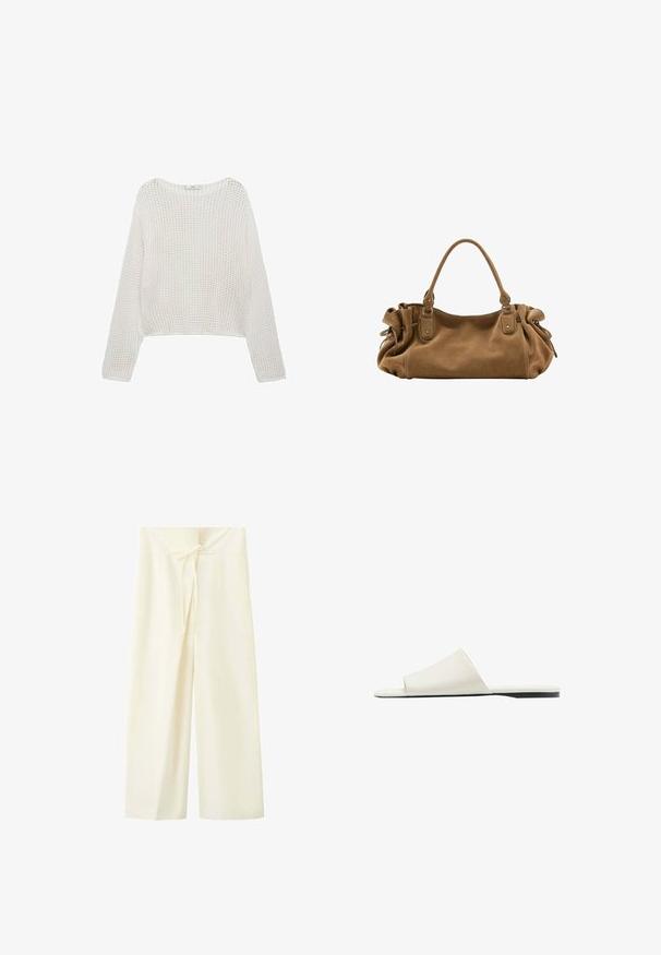 Suéter de punto blanco de manga larga con un patrón texturizado y un corte cropped. Escote sencillo y detalle de ribete en el dobladillo.; Pantalones de pierna ancha de color crema con cintura alta y detalle de lazo delantero en la pretina.; Sandalia blanca con una única correa ancha y suela plana, mostrada de perfil sobre fondo blanco.; Bolso de mano de ante marrón suave con un solo asa superior y detalles laterales recogidos asegurados con correas de cuero y anillas de metal.