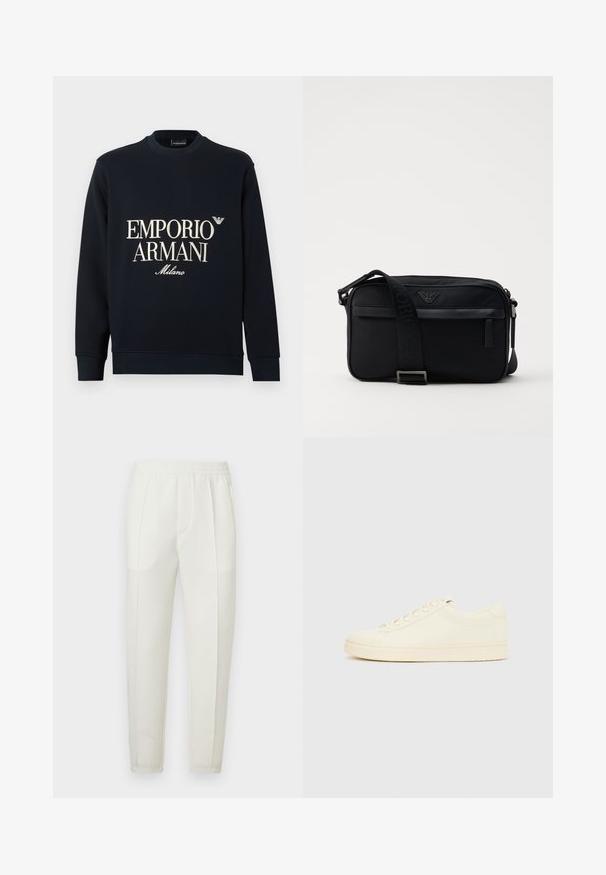 Sweat-shirt bleu marine à manches longues, col rond, et texture de tissu lisse. Présente un logo blanc "EMPORIO ARMANI" et "Milano" sur le devant.; Pantalon blanc coupe slim avec une taille élastique, doté de deux poches latérales et d'une texture lisse légèrement brillante.; Baskets couleur crème avec une tige en cuir lisse, bout arrondi, laçage à l'avant et semelle en caoutchouc texturée. Design minimaliste, sans logo.; Sac à bandoulière en nylon noir avec une sangle contrastante, une forme rectangulaire élégante, un détail de logo et une poche zippée à l'avant.