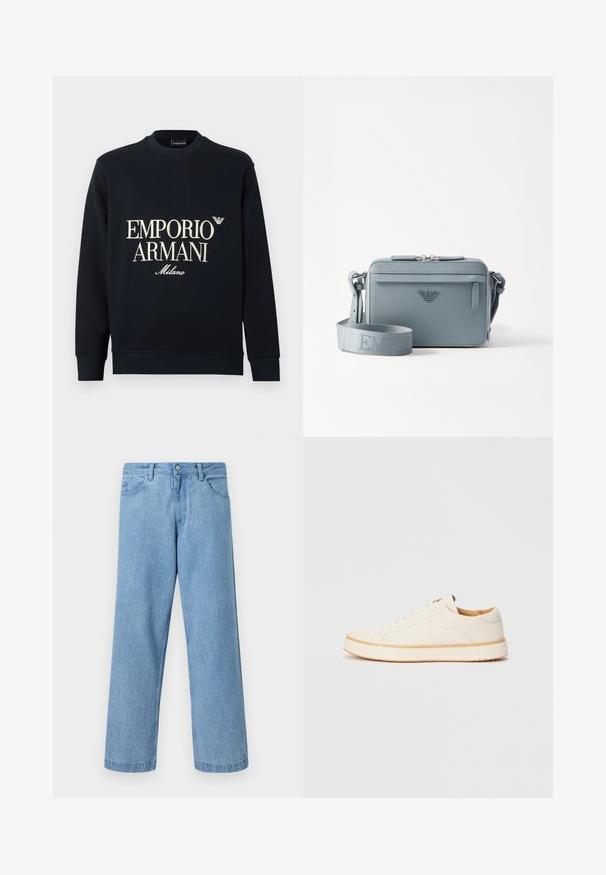 Sweat-shirt bleu marine à manches longues, col rond, et texture de tissu lisse. Présente un logo blanc "EMPORIO ARMANI" et "Milano" sur le devant.; Jean en denim bleu clair à jambes droites avec poches devant, passants de ceinture et fermeture par bouton, sur fond uni.; Baskets en cuir blanc avec un bout rond, design simple à lacets, semelle intérieure rembourrée et semelle en caoutchouc beige contrastante. Texture lisse sur l'ensemble.; Sac à bandoulière structuré bleu en matériau texturé, avec une fermeture éclair, une poche avant et une sangle réglable arborant le logo "EMPOR".