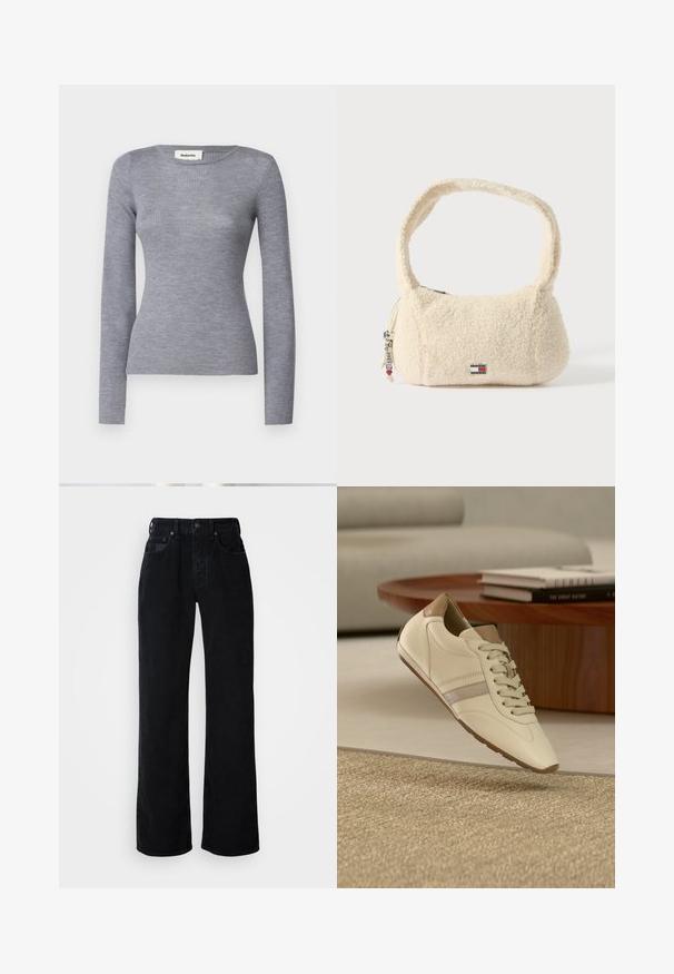 Grå ribbet langærmet bluse med rund halsudskæring og tætsiddende silhuet. Stoffet har en glat tekstur og en subtile glans.; Sorte jeans med vide ben, lavet af bomuldsdenim. Har lukning med knapper foran, bæltestropper og design med fem lommer med diskret syning.; Kremfarvet sneaker med tekstureret læder, tan-accenter og en lysegrå stribe. Har runde snørebånd og en gummisål.; Kremfarvet håndtaske lavet af blødt, tekstureret materiale med en buet rem, rund form, lynlåslukning og en accent med mærkelogo.