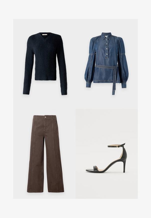 Mørkeblå strikket sweater med V-hals, lange ærmer, struktureret ribbet mønster og en let cropped kant.; Denimskjorte med krave, knaplukning og pufferærmer. Har en belagt talje og kontrastsyning. Mørkeblå farve.; Brune viddebukser lavet af glat stof, med sømme foran og en enkelt metalknap lukning i taljen.; Sort læder højhælede sandaler med ankelrem. Har en glat tekstur, åben tå og en tynd hæl. Guldtonet spænde detalje.