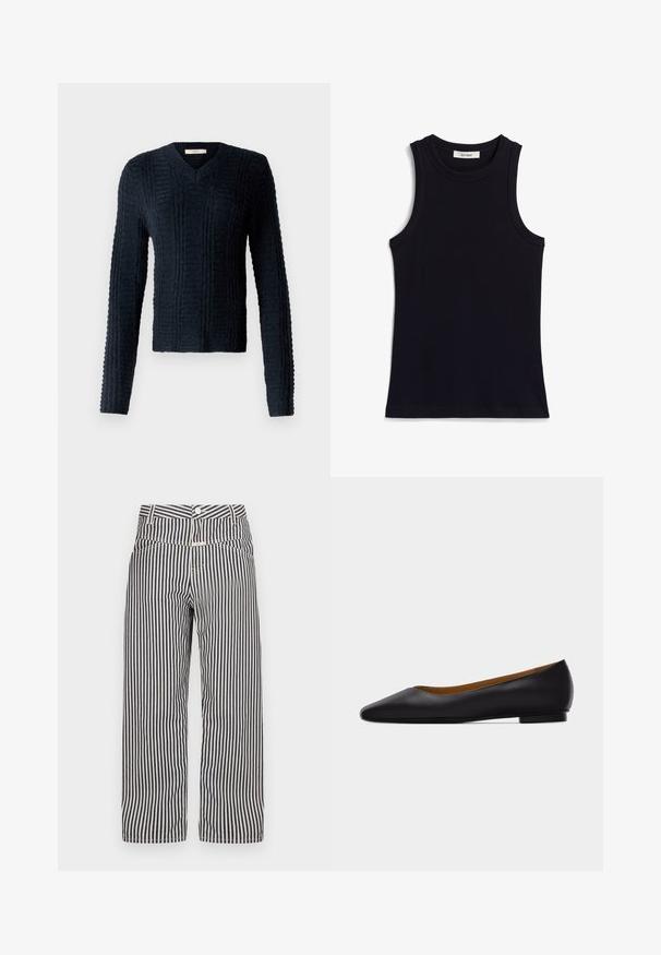 Mørkeblå strikket sweater med V-hals, lange ærmer, struktureret ribbet mønster og en let cropped kant.; Sort ærmeløs top med ribbet tekstur, rund halsudskæring og regulær pasform. Mærket viser "IVY OAK." Ingen yderligere mønstre eller accenter.; Bredde ben bukser med striber i navy og hvid. Har en knaplukning, frontlommer og et glat, let stof.; Sort læder flad sko med spids tå, lav hæl og glat finish, vist fra siden på en lysegrå baggrund.
