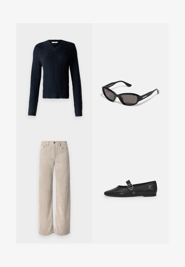 Mørkeblå strikket sweater med V-hals, lange ærmer, struktureret ribbet mønster og en let cropped kant.; Beige corduroy bukser med vidde og lodrette striber, der har knaplukning og frontlommer. Blødt, tekstureret stof med en afslappet pasform.; Sorte læder flade sko med rund tå, et enkelt justerbart spænde og en glat, blank overflade. Minimalistisk design med en lav hæl.; Sorte solbriller med rektangulært stel, mørke linser, glat plastmateriale og en metalaccent på templet.