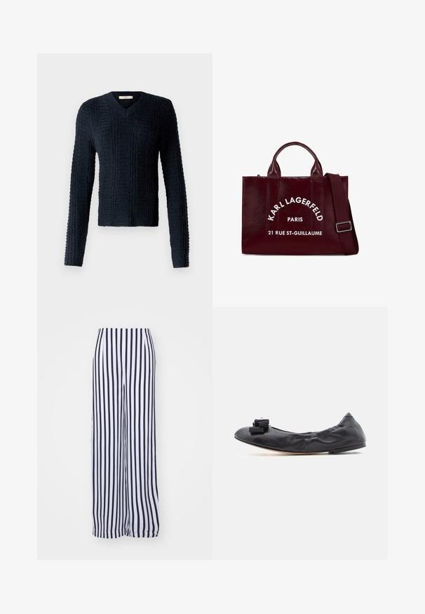 Mørkeblå strikket sweater med V-hals, lange ærmer, struktureret ribbet mønster og en let cropped kant.; Bredde bukser i hvid og navy lodrette striber. Fremstillet af letvægtsstof med en glat tekstur og en elastisk talje.; Sort læderballetsko med rynket overdel, rundet tå og dekorativ flæse sløjfe på tæerne. Flad sål.; Bordeaux læder tote taske med dobbelte hanke, justerbar skulderrem, hvidt trykt tekst, struktureret silhuet, glat tekstur.