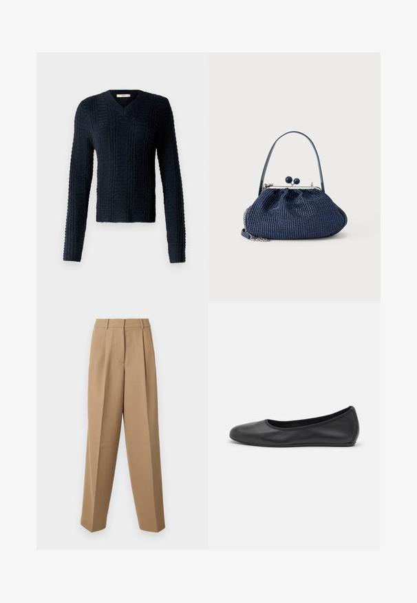 Jersey de punto azul oscuro con escote en V, mangas largas, patrón acanalado texturizado y un dobladillo ligeramente corto.; Pantalones de sastre beige con cintura alta, frente plisado y corte de pierna ancha. La tela parece suave con un ligero brillo.; Bailarina de piel negra con punta redondeada, textura suave, detalle de costura minimalista y diseño de suela flexible.; Bolso de tela tejida azul marino con cierre redondo, asa corta y detalle de cadena plateada sobre un fondo claro y liso.