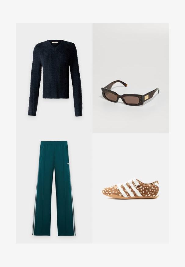 Jersey de punto azul oscuro con escote en V, mangas largas, patrón acanalado texturizado y un dobladillo ligeramente corto.; Pantalones deportivos de pierna ancha en color verde azulado con cintura elástica, rayas blancas laterales, bolsillos con cremallera y pequeño logo blanco de trébol en el muslo derecho.; Zapatilla marrón con manchas blancas y tres tiras blancas, con una textura tipo piel y una suela plana beige, mostrada de perfil.; Gafas de sol de carey marrón con gruesos marcos rectangulares, lentes tintados en bronce y un acento metálico dorado en el brazo.