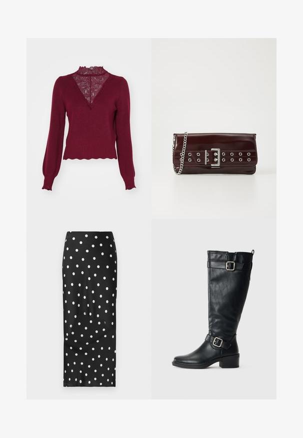 Pull bordeaux avec un panneau en dentelle et un ourlet en dents de scie. Manches longues avec des poignets à côtes. Présente un décolleté en V et un tricot texturé.; Jupe noire à pois blancs, en tissu lisse. Présente une coupe droite, une longueur jusqu'aux genoux et une ceinture élastique.; Botte en cuir noir haut avec un petit talon, boucles décoratives près de la cheville et en haut, et une languette à l'arrière.; Pochette en simili cuir bourgogne avec une bandoulière en chaîne argentée, dotée d'un design de boucle et d'œillets en métal sur le devant pour plus de détails.