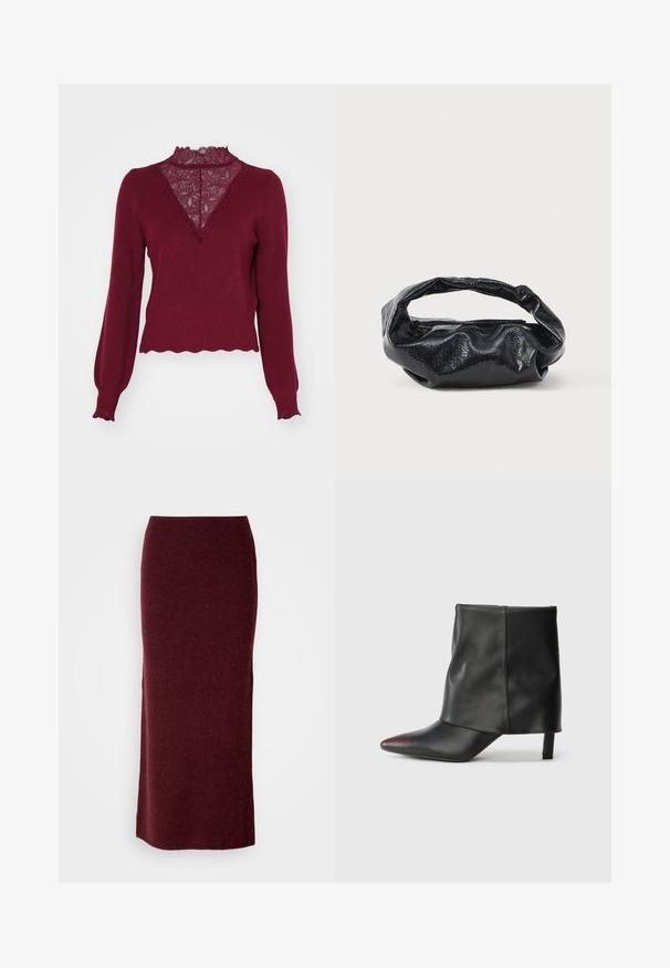 Bordeaux sweater med en blonderpanel og bølget kant. Lange ærmer med ribbede manchetter. Har en V-hals design og struktureret strik.; Bordeaux uld maxi nederdel med en tætsiddende silhuet, glat tekstur og lige kant. Ingen synlige lukninger eller udsmykninger.; Sort ankelstøvle lavet af glat læder med spids tå og tilspidset hæl. Overdelen har et let rynket design.; Sort taske lavet af blankt, tekstureret materiale med et cirkulært, snoet håndtag og lynlås. Har et blødt, rynket design.