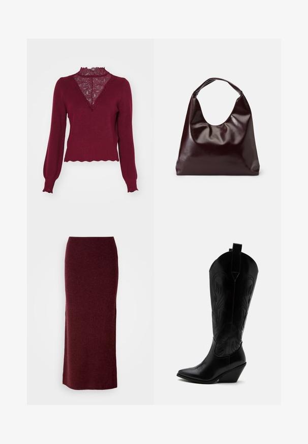 Bordeaux sweater med en blonderpanel og bølget kant. Lange ærmer med ribbede manchetter. Har en V-hals design og struktureret strik.; Bordeaux uld maxi nederdel med en tætsiddende silhuet, glat tekstur og lige kant. Ingen synlige lukninger eller udsmykninger.; Sort læder cowboystøvle med spidst tåparti, skråt blokhælhæl, dekorative sømme og trækstropper øverst mod hvid baggrund.; Bordeaux, skinnende vegansk læder tote taske med en blød, skulpturel form og et bredt, buet håndtag for nem bæring.