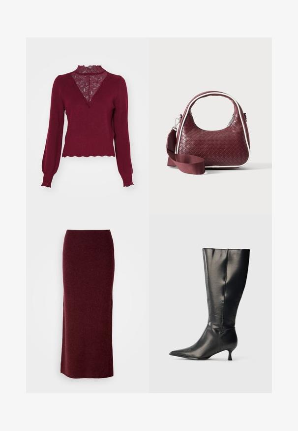 Bordeaux sweater med en blonderpanel og bølget kant. Lange ærmer med ribbede manchetter. Har en V-hals design og struktureret strik.; Bordeaux uld maxi nederdel med en tætsiddende silhuet, glat tekstur og lige kant. Ingen synlige lukninger eller udsmykninger.; Sort knæhøj læderstøvle med spids tå og lav kittenhæl, vist på en enkel lys baggrund.; Mørkerød vævet lædertaske med buet hank, hvid kant, sølv lynlås og aftagelig bred stofskulderrem mod en ensfarvet baggrund.