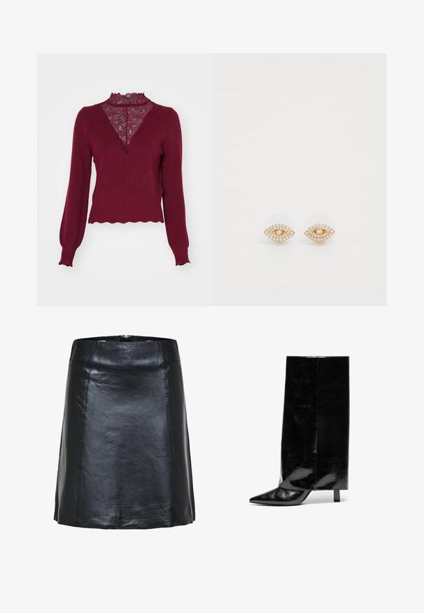 Bordeaux sweater med en blonderpanel og bølget kant. Lange ærmer med ribbede manchetter. Har en V-hals design og struktureret strik.; Sort læder A-line nederdel med synlige sømme og en let glans, med høj talje og kort kant.; Sorte læder ankelstøvler med spids tå og blokhæl, der har en høj, blank skaft og en tekstureret overflade på den nedre del.; Guldtonede øreringe formet som et øje, med klare rhinsten og en lille central ædelsten, samt en glat, cirkulær bagside.