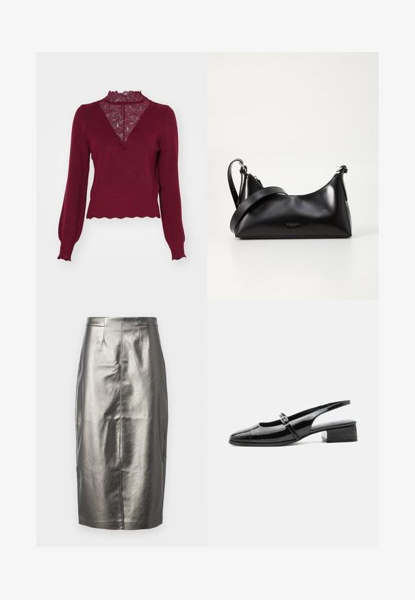 Bordeaux sweater med en blonderpanel og bølget kant. Lange ærmer med ribbede manchetter. Har en V-hals design og struktureret strik.; Metallic sølv blyantskirt i et glat, skinnende materiale. Har høj talje, slids bagpå og detaljer med midtersøm.; Sort laklæderslingback-sko med lav blokhæl og tynd rem med sølvspænde over toppen.; Sort læderhåndtaske med en glat tekstur. Har en justerbar stropp og et enkelt, minimalistisk design med lynlås.