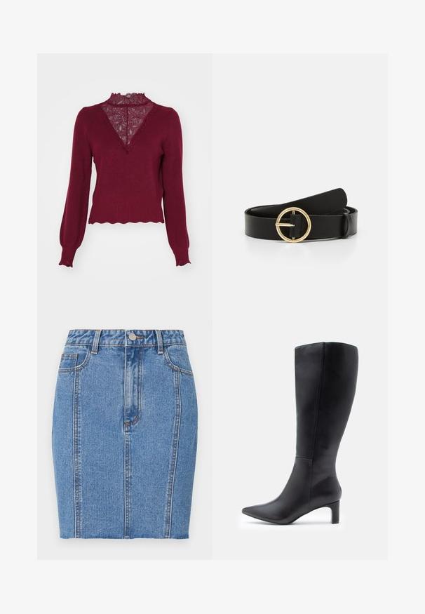 Pull bordeaux avec un panneau en dentelle et un ourlet en dents de scie. Manches longues avec des poignets à côtes. Présente un décolleté en V et un tricot texturé.; Jupe en denim mini de couleur bleu clair avec une taille haute, deux poches avant et des coutures orange. Texture lisse, design ajusté.; Bottes noires en cuir, arrivant jusqu'aux genoux, avec des bouts pointus, présentant un design épuré et un petit talon carré. Texture lisse avec des accents minimalistes.; Ceinture en cuir noir avec une boucle ronde en or. La sangle est lisse, plate et présente un design minimaliste sans motifs visibles.