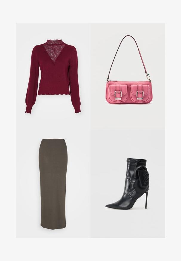 Bordeaux sweater med en blonderpanel og bølget kant. Lange ærmer med ribbede manchetter. Har en V-hals design og struktureret strik.; Weekday TASK SKIRT - Maxinederdele - greenish beige; Sort læderankelstøvle med spids tå, høj stiletthæl og stor dekorativ rose på siden. Glat tekstur og tætsiddende design.; Lyserød læderhåndtaske med to forlommer, sølvfarvet hardware og en lang rem. Tekstureret overflade og lynlås lukning øverst.